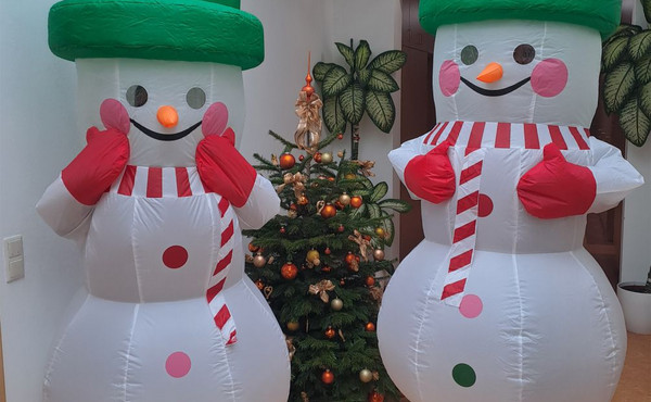 Zwei Mitarbeiter, fröhlich als Schneemänner verkleidet